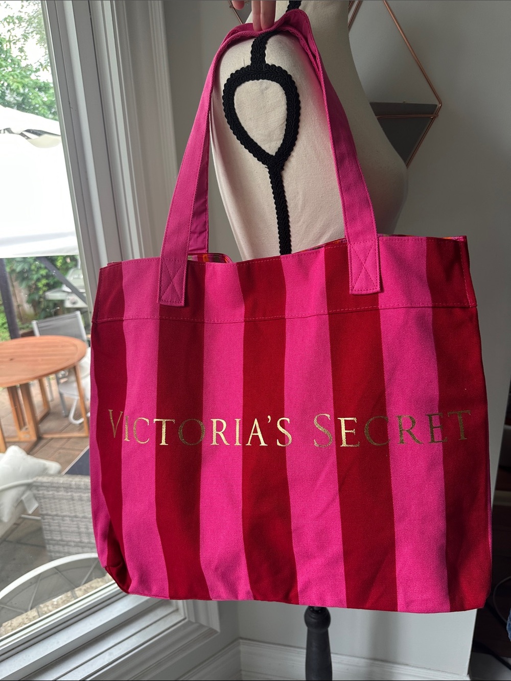 Y2K Victoria's Secret Hot Pink Red Striped Large Big Tote Bag Shopper Shoulder